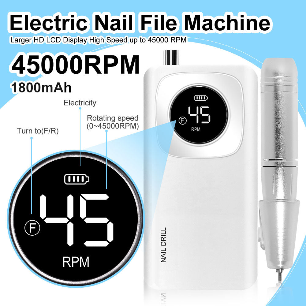Rechargeable Electric Nail File Professional - 45000RPM Portable Efile Nail Drill Kit, Cordless E File Nail Drill Machine For Acrylic Gel Nails Salon Home Manicure Use