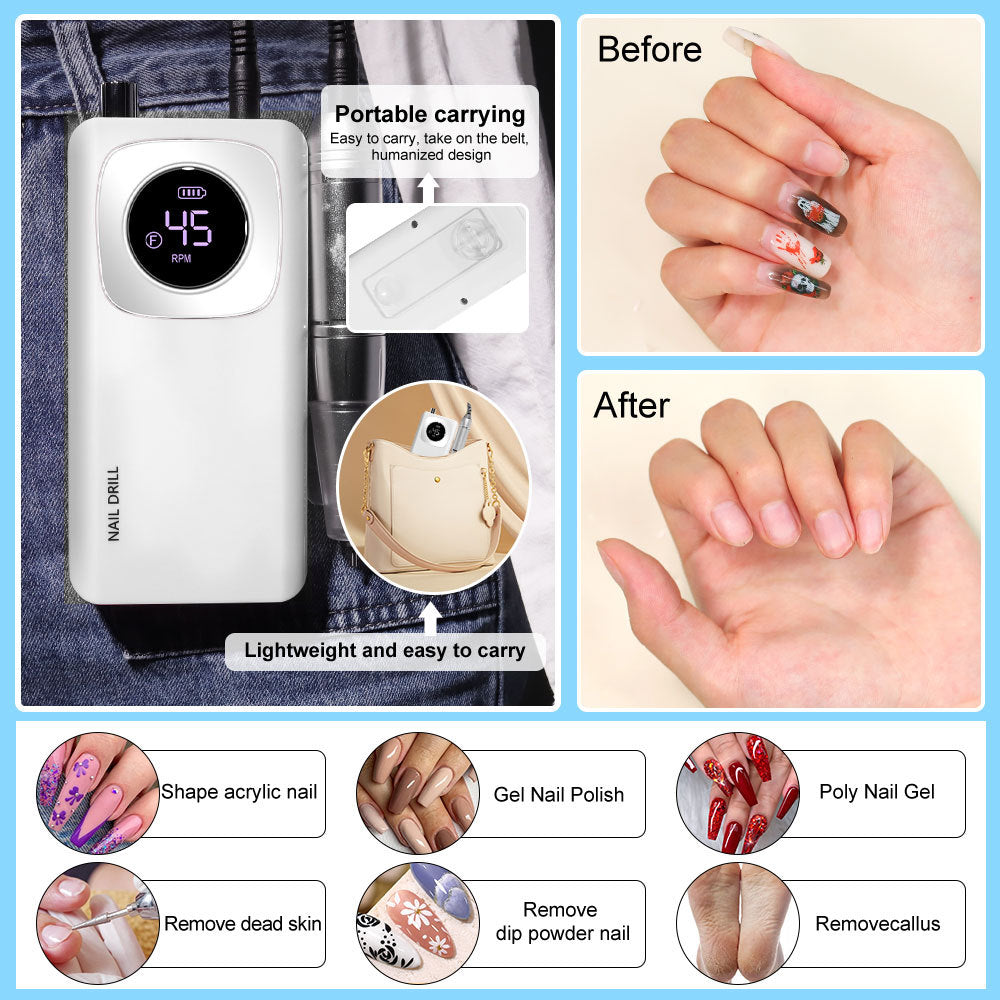 Rechargeable Electric Nail File Professional - 45000RPM Portable Efile Nail Drill Kit, Cordless E File Nail Drill Machine For Acrylic Gel Nails Salon Home Manicure Use